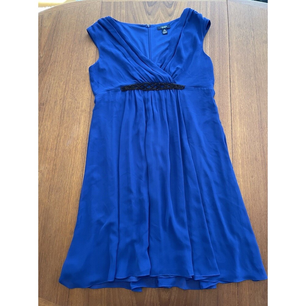 Chaps Dress Size 16 Blue V-Neck Lined Sleeveless Back Zip Beaded Preppy Elegant